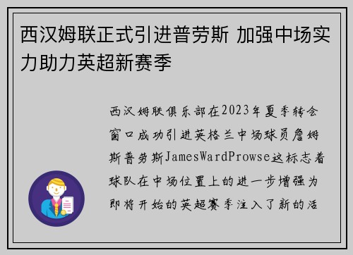 西汉姆联正式引进普劳斯 加强中场实力助力英超新赛季