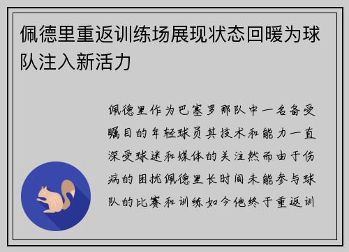 佩德里重返训练场展现状态回暖为球队注入新活力