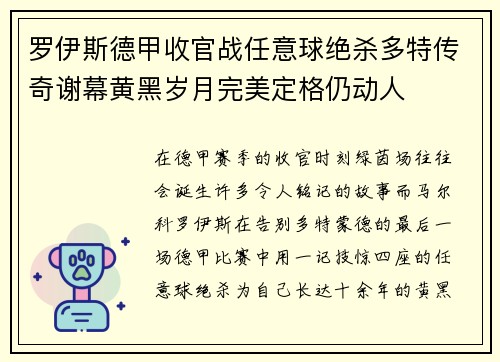 罗伊斯德甲收官战任意球绝杀多特传奇谢幕黄黑岁月完美定格仍动人